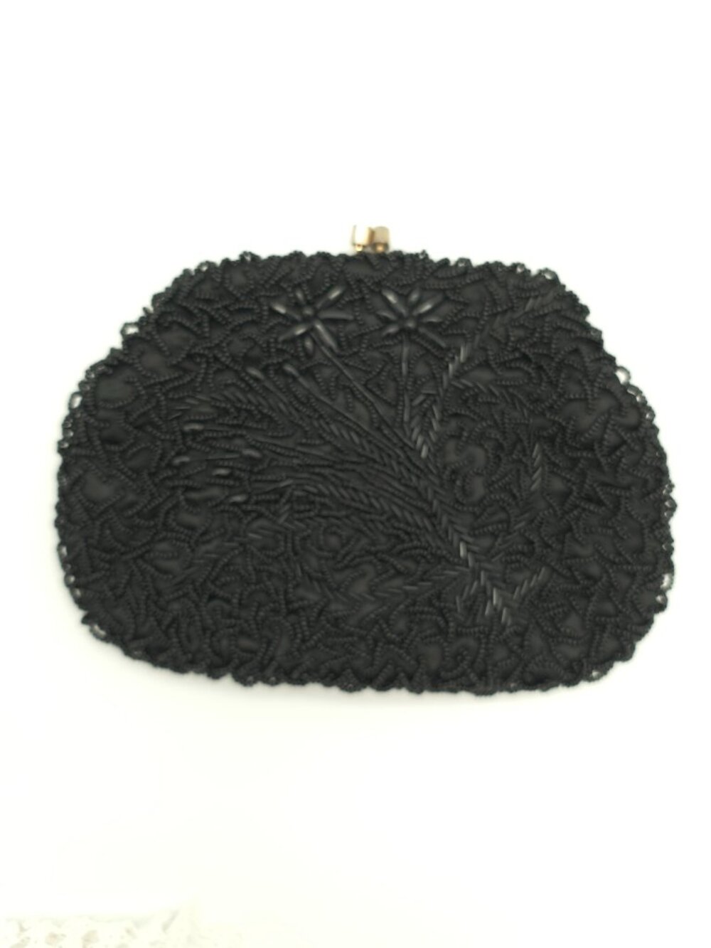Vintage Hong Kong Artel Montreal Black Beaded Floral Gold Tone Frame Handbag